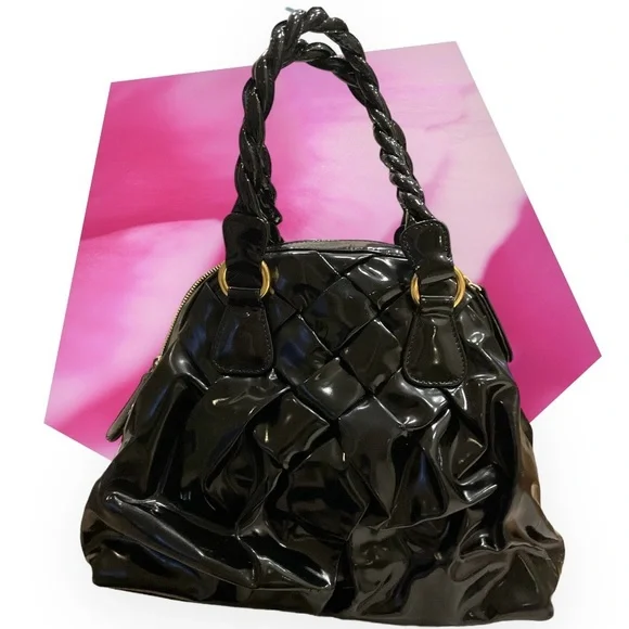 Valentino Garavani Black Patent Leather Braided Handle Shoulder Bag Tote w/ wear - Picture 1 of 16
